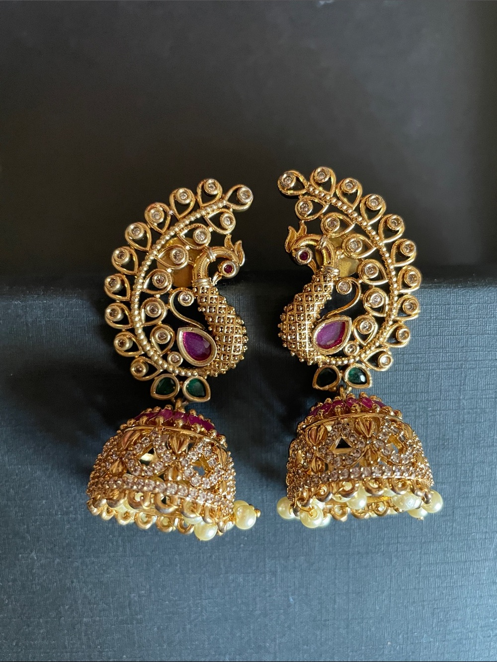 Gold Peacock Jhumka Earrings with Pink and Green Stones